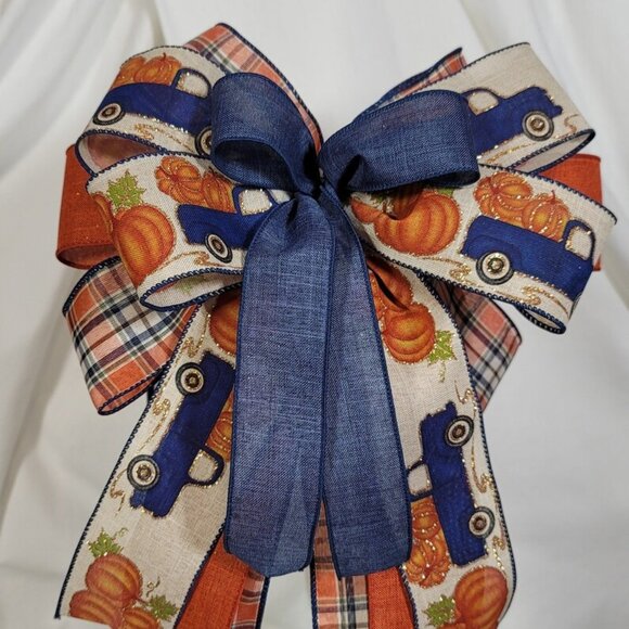 Blue Pumpkin Truck w/Plaid Lantern Bow, Summer Fall Bow, Farmhouse Welcome Bow - Picture 2 of 6